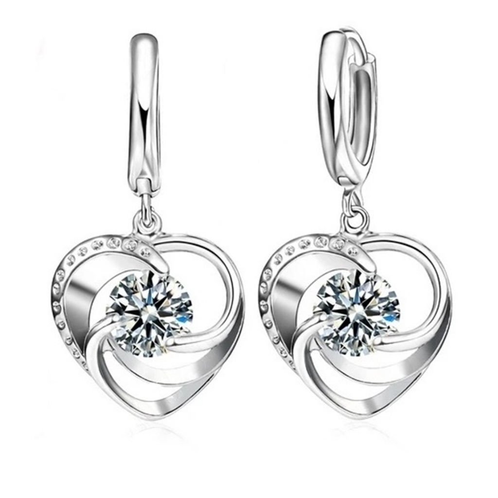 Par de Brincos Femininos Coração com Pedras Zircão em Prata Esterlina 925