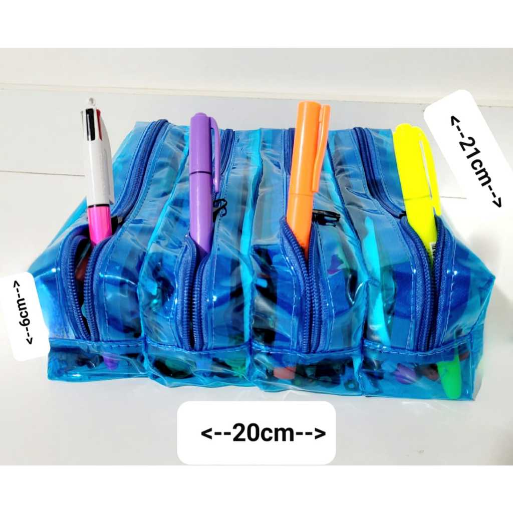 ESTOJO TRANSPARENTE ESCOLAR CRISTAL AZUL NEON COM 4 REPARTIÇÕES PORTA PINCÉIS MAQUIAGEM, ORGANIZADOR em Oferta na Shopee