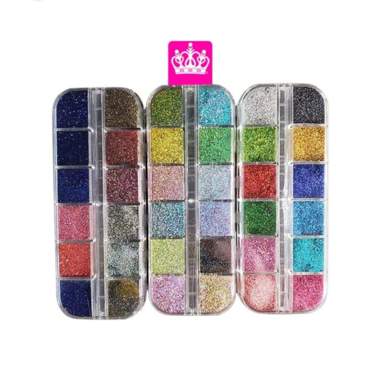 12 Glitter Para Unhas com Organizador Gliter açucar folhas de ouro e varias outras decoraçoes