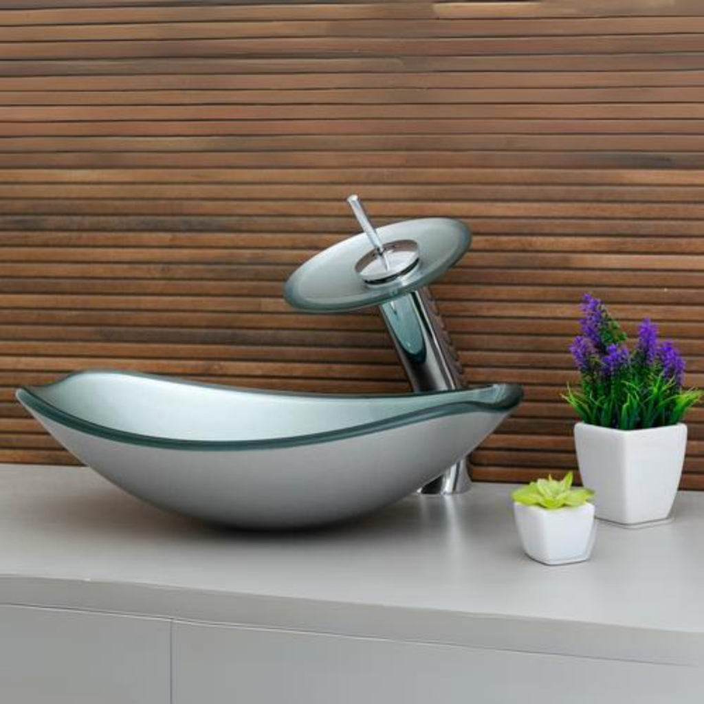 CONJUNTO CUBA BANHEIRO LAVABO CHANFRADA VIDRO + TORNEIRA CASCATA E VÁLVULA CLICK INOX em Oferta na Shopee