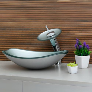 CONJUNTO CUBA BANHEIRO LAVABO CHANFRADA VIDRO + TORNEIRA CASCATA E VÁLVULA CLICK INOX em Oferta na Shopee