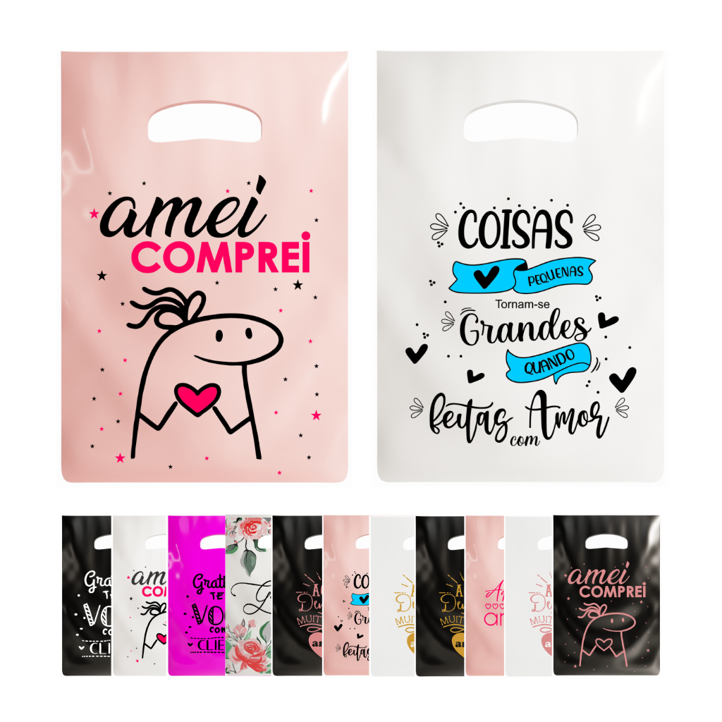 50 sacolas plásticas personalizadas alça vazada ou boca de palhaço com frases