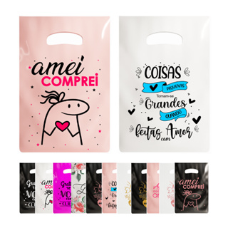 50 sacolas plásticas personalizadas alça vazada ou boca de palhaço com frases em Oferta na Shopee
