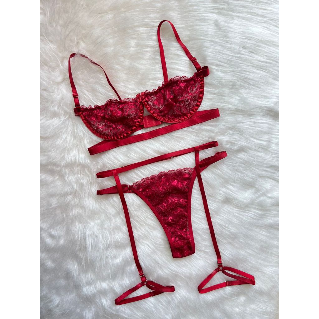 Mit Lingerie Feminina Conjunto Sexy Gringa Sutiã Meia Taça Com Aro + Calcinha + Cinta Liga em Oferta na Shopee