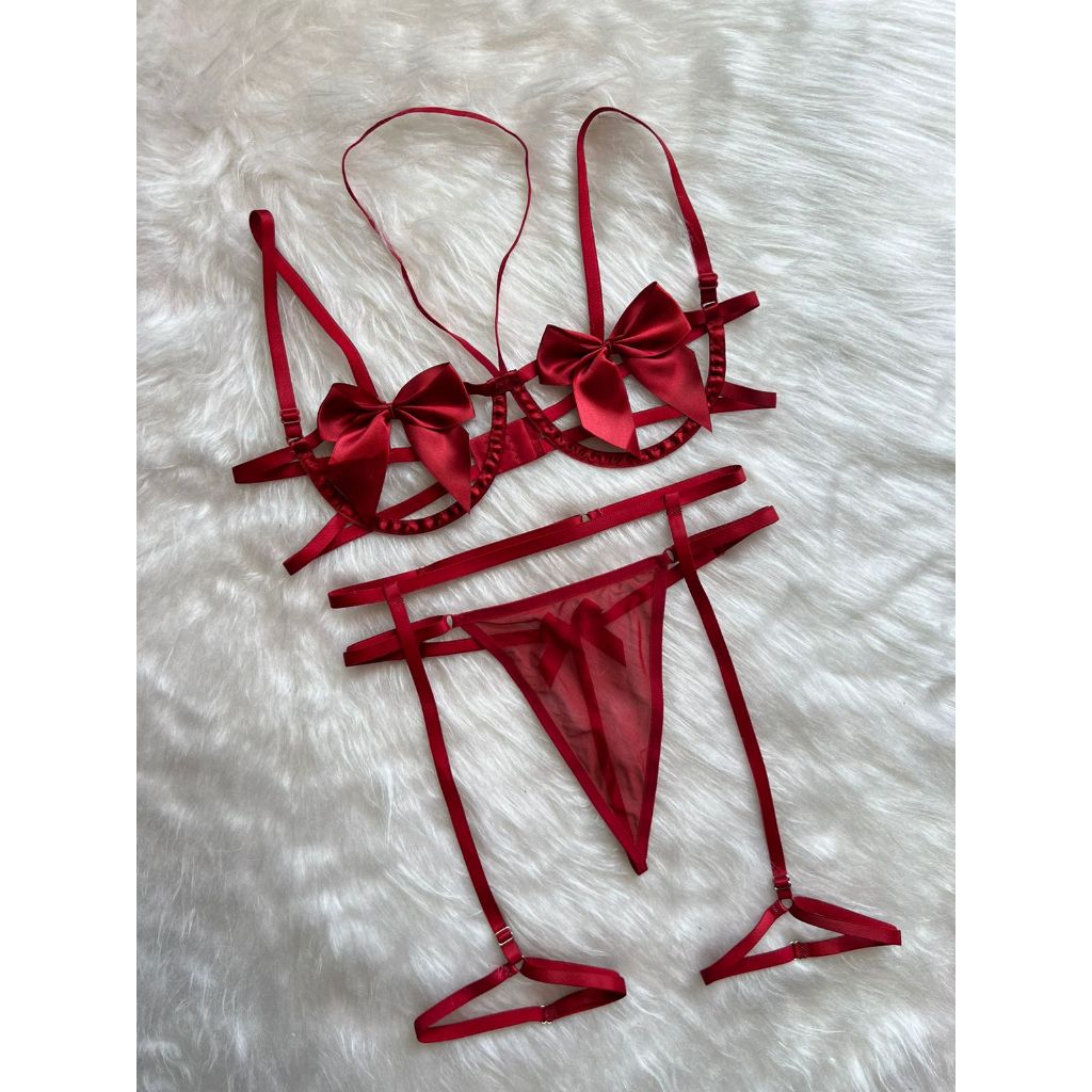 Lingerie Sexy Conjunto Feminino Sutiã Meia Taça Aro Laço Calcinha Fio Dental Tule Cinta Liga em Oferta na Shopee