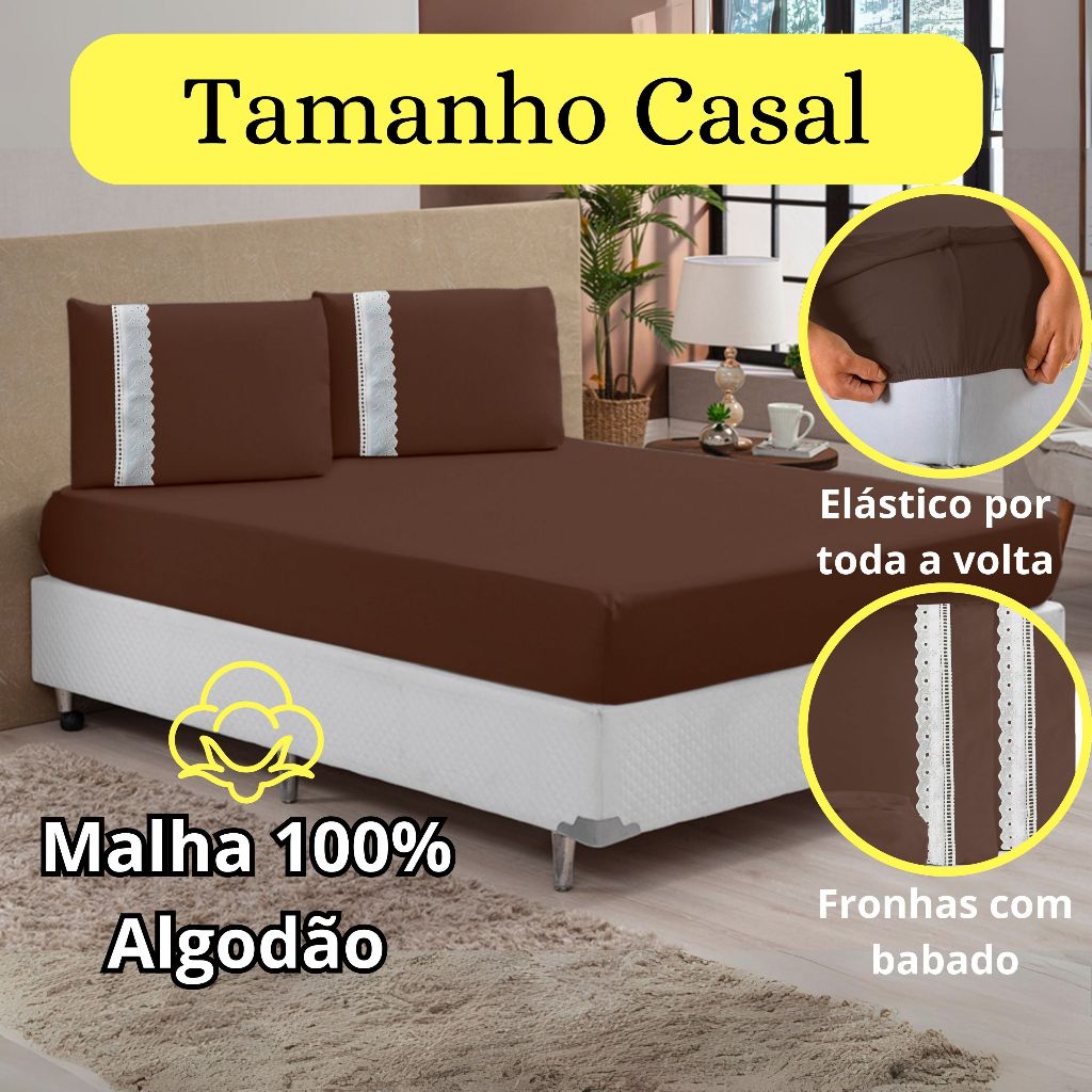 Kit Jogo De Lençol Casal 3 Peças Malha 100% Algodão Com Elástico - Lençol Casal Padrão em Oferta na Shopee