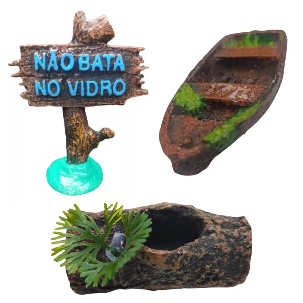 Kit De Enfeites Para Aquário Barquinho + Tronco + Placa Não Bata no Vidro