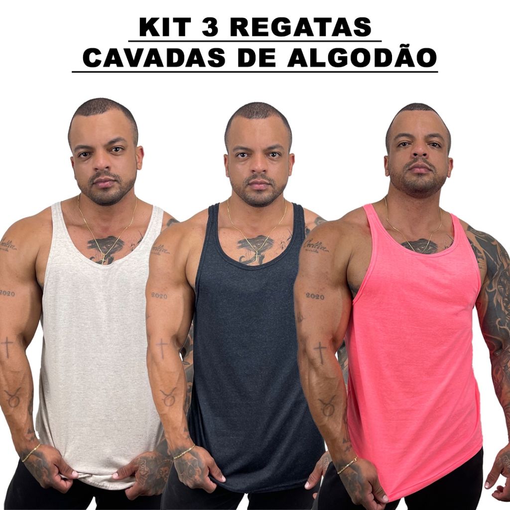 Kit 3 Regatas Masculina Cavadas Bege + Grafite + Cores Nadador Algodão Lisa Básica Bombey