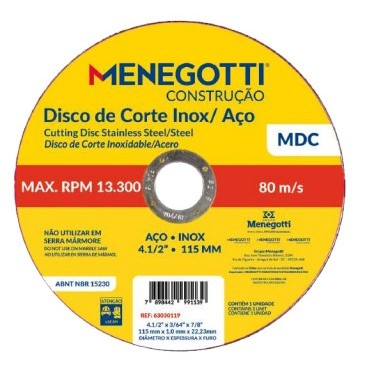 KIT 10 Discos de Corte Inox/Aco MDC 4.1/2" - Menegotti - 63030119