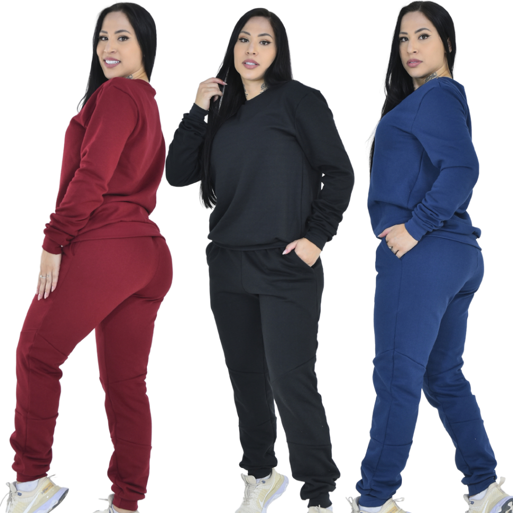 Kit Conjunto Blusa Moletom e Calça Moletom Feminino de Frio Flanelado