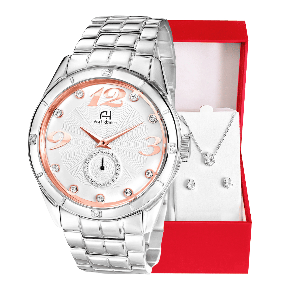 Kit Relógio Feminino Champion Ana Hickmann Prata Aço Inox Analógico A PROVA D'Água Original Mulher Barato AH28599Q