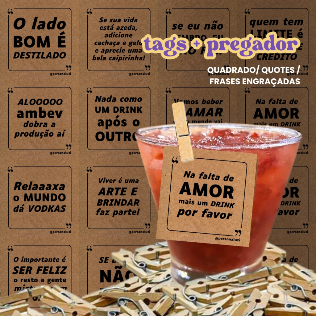Kit tags para drinks com mini pregador frases divertidas quotes pardo 4,5cm decore casamento 15 anos aniversário