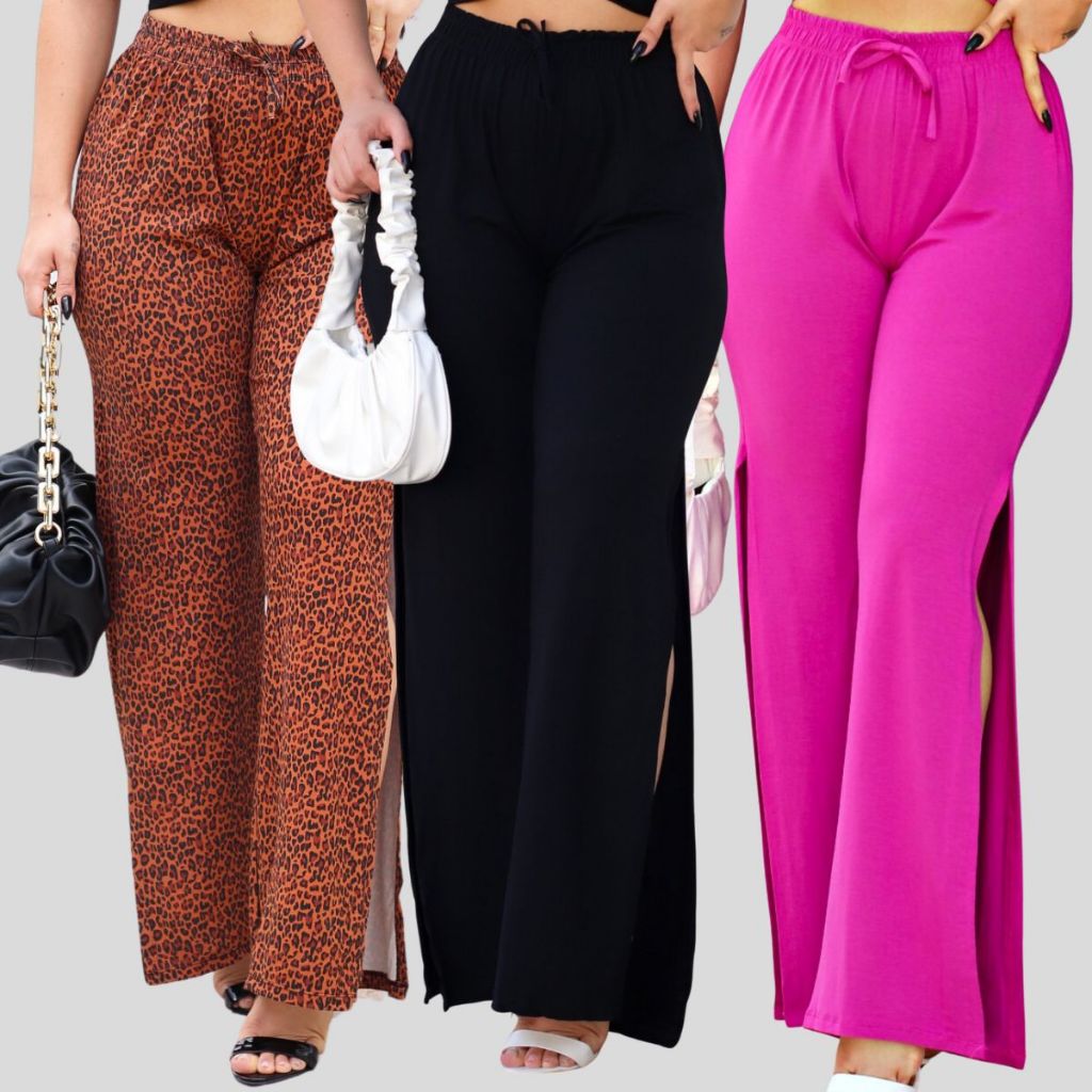 Calça Pantalona Feminina Fendas Laterais Cintura Alto Forrado Moda Super Envio