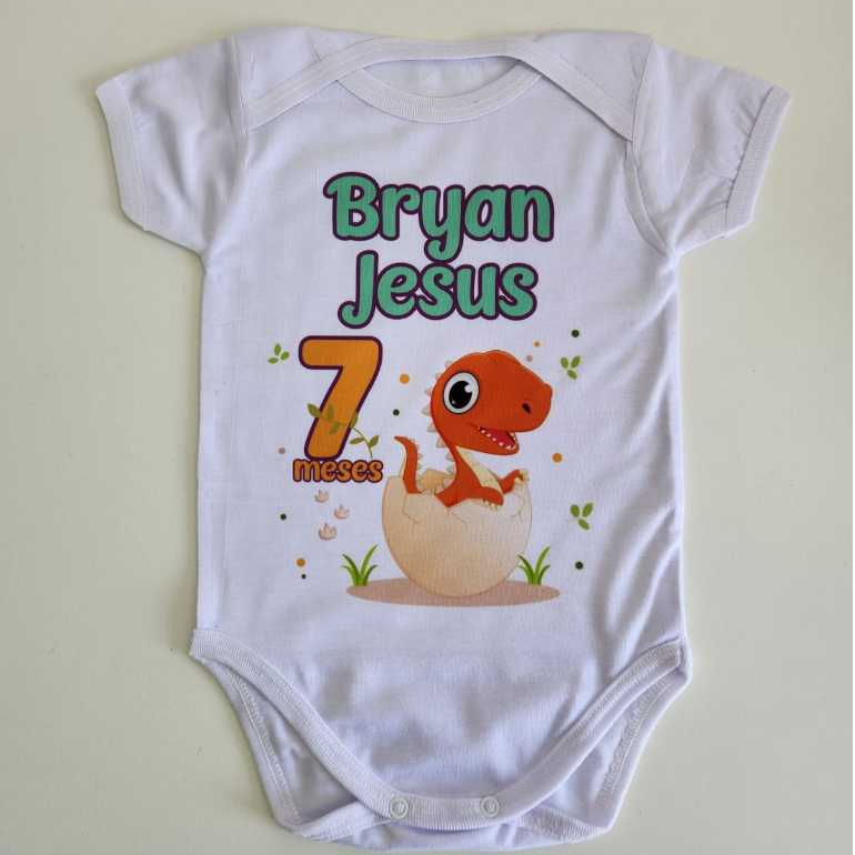 Body Mesversário Aniversário Dinossauro OVO Personalizado com Nome e Mês (Idade)