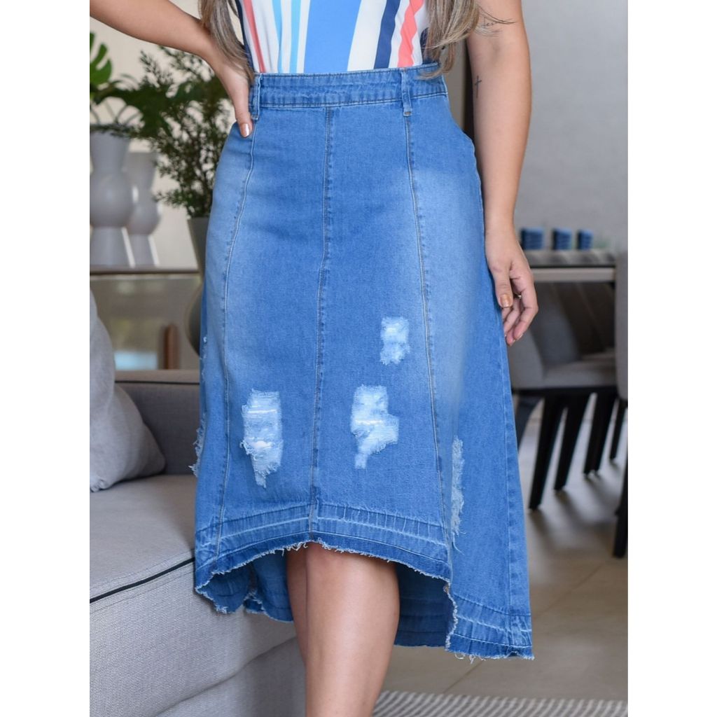 Saia midi mullet jeans Saia Evangélica Moda Evangelica