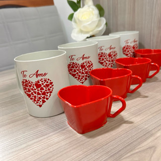 Kit carinho 4 canecas estampadas De Amor com 4 xícaras Coracao