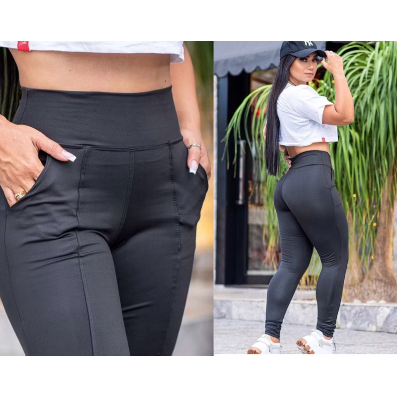 Calça Legging Grossa Inverno com Bolso Frontal Cintura Alta Zero Transparencia Modeladora Montaria Skinny Flanelada