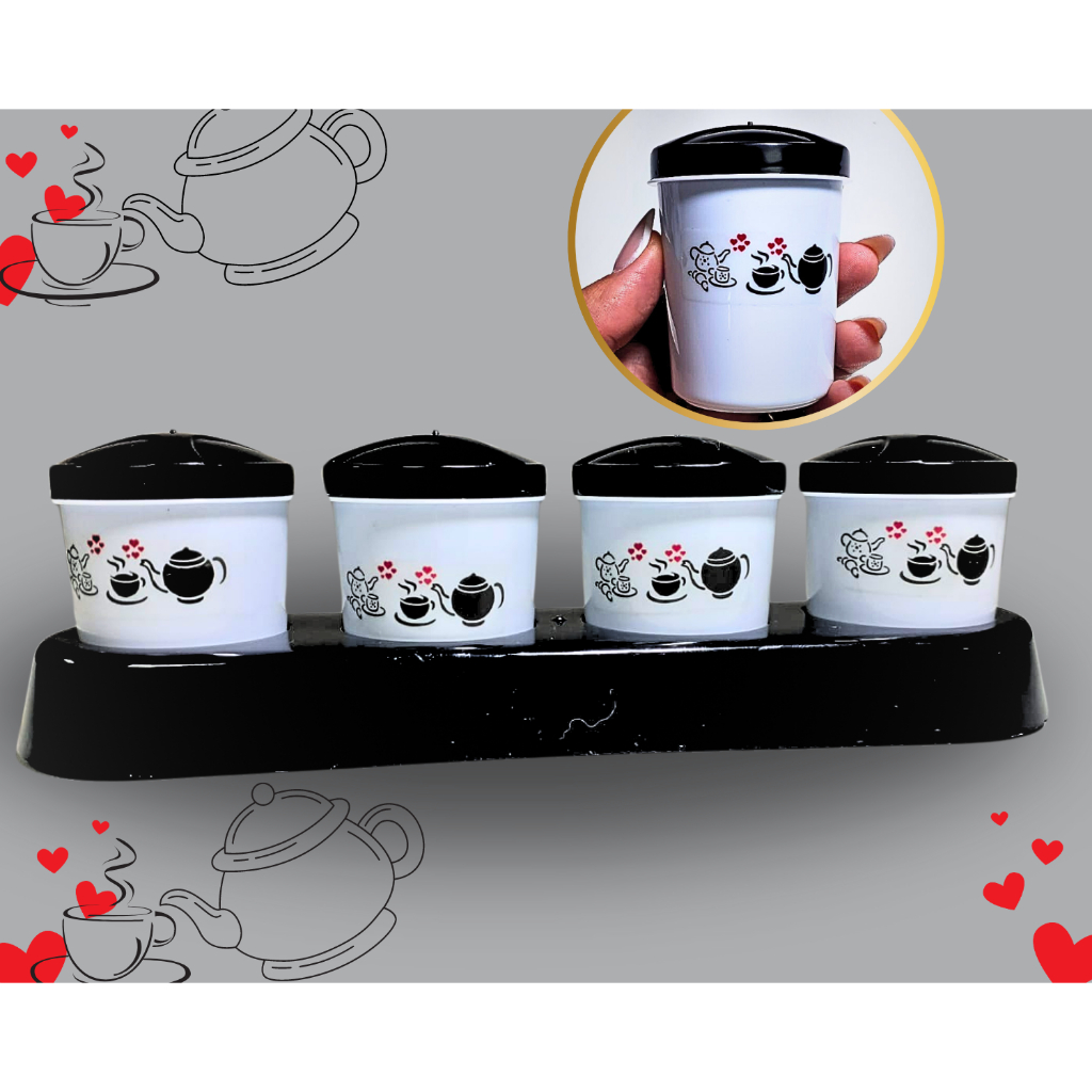 Kit Vasilhas Porta Tempero 4 Potes de Condimentos + Suporte Plástico Resistente Decorado Estampa de bule Cozinha organizada Plástico resistente Design decorativo Tampa hermética Frescor Visor transparente Fácil limpeza Praticidade Capacidade ideal Estilo