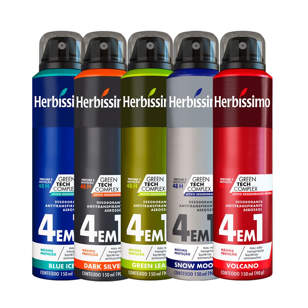 Kit 5 itens - Desodorante Aerosol Antitranspirante Herbíssimo Green + Snow + Volcano + Blue + Dark Silver 150Ml