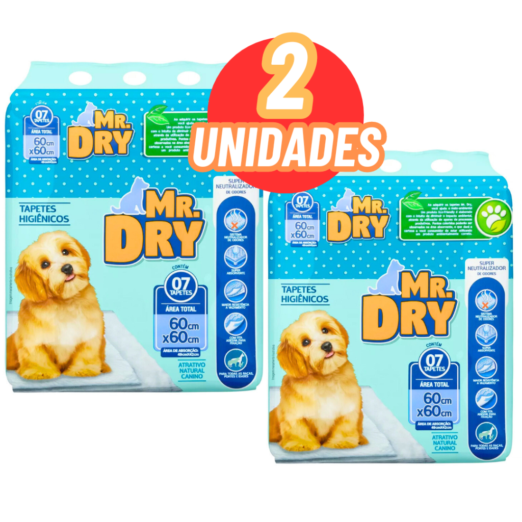 Kit 2 Tapetes Higiênicos Mr. Dry para Cães 60x60 com 7 Unidades Super Absorvente