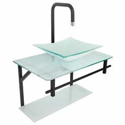 Kit Lavatório De Vidro 60cm - Marmorizado Branco - com prateleira e toalheiro