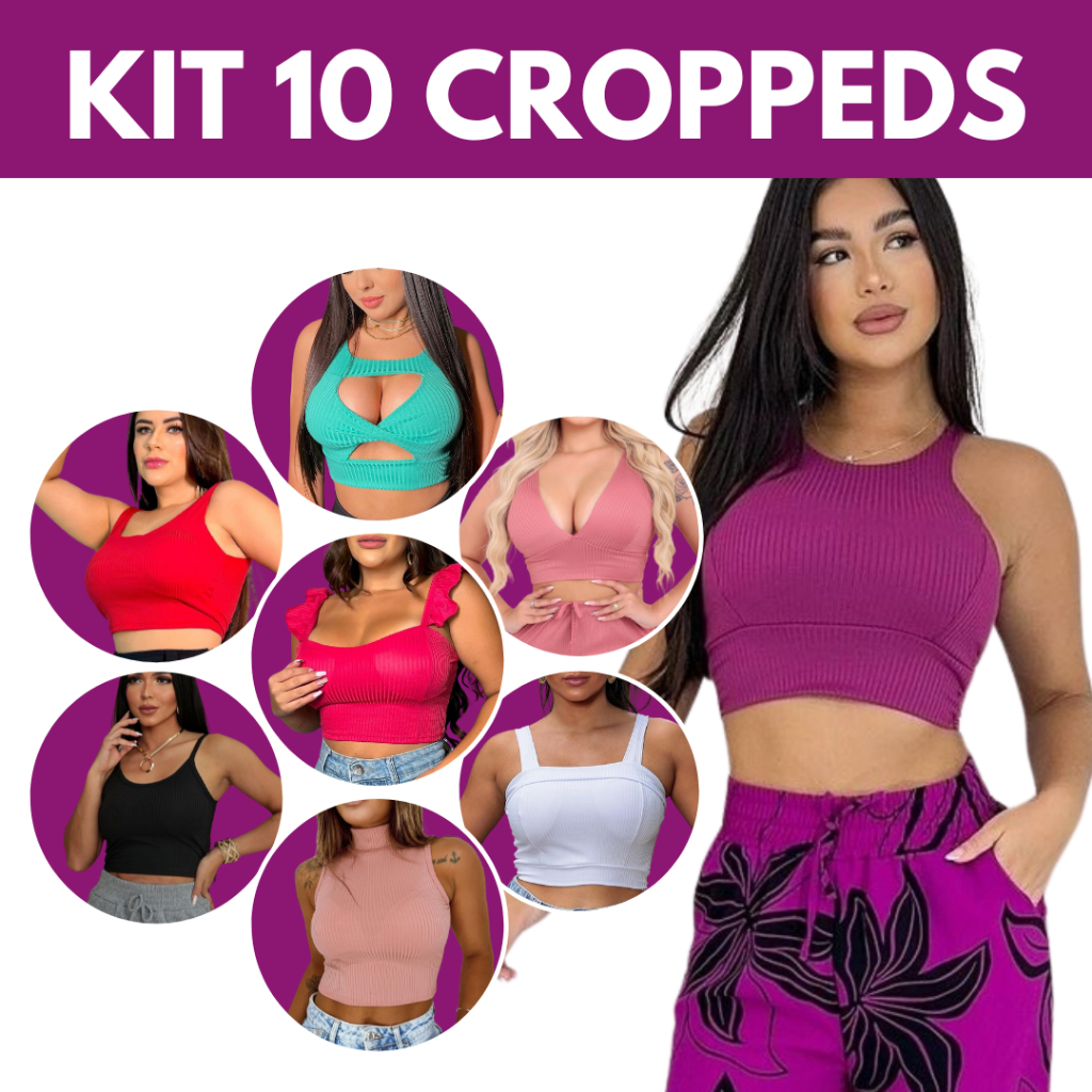 Kit 10 cropped feminino modinha estilo tumblr alça larga feminino manga curta blusa tendencia atacado revenda