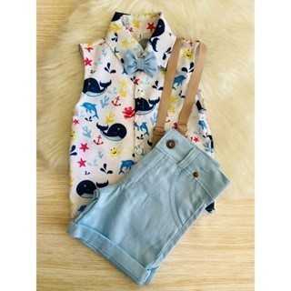 Conjunto Menino Infantil Luxo Temático Fundo do Mar Regata +Bermuda Azul