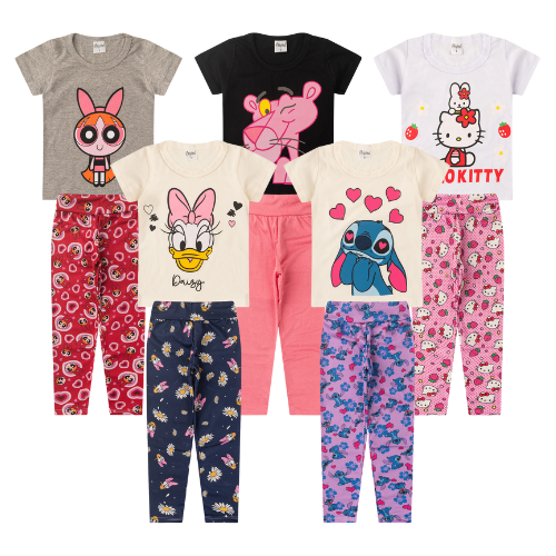 Kit 5 Conjuntos Estampados Blusa e Legging Juvenil - Feminino/Menina Tamanho 10 ao 16 Verão