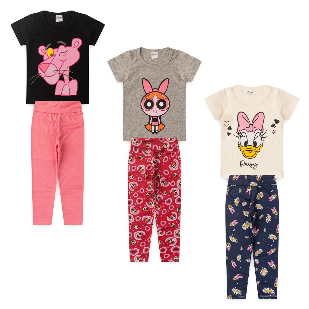Kit 3 Conjunto Estampados Blusa e Legging Infantil - Feminino/Menina Tamanho 3 ao 8 Verão