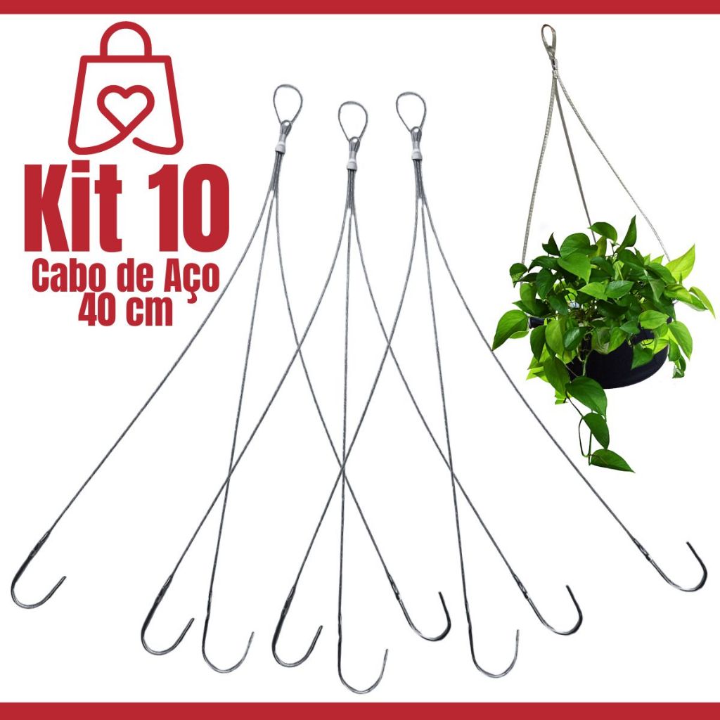 Kit 10 Suporte Haste Cabo De Aço 40cm Triplo Para Pendurar Vaso e Planta Pendente 03 Ganchos Suspenso Para Teto e Parede