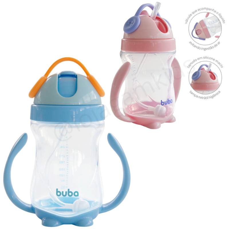 Copo com Alça e Canudo em Silicone Infantil Bebe Lancheira 300ml Azul Rosa- Buba