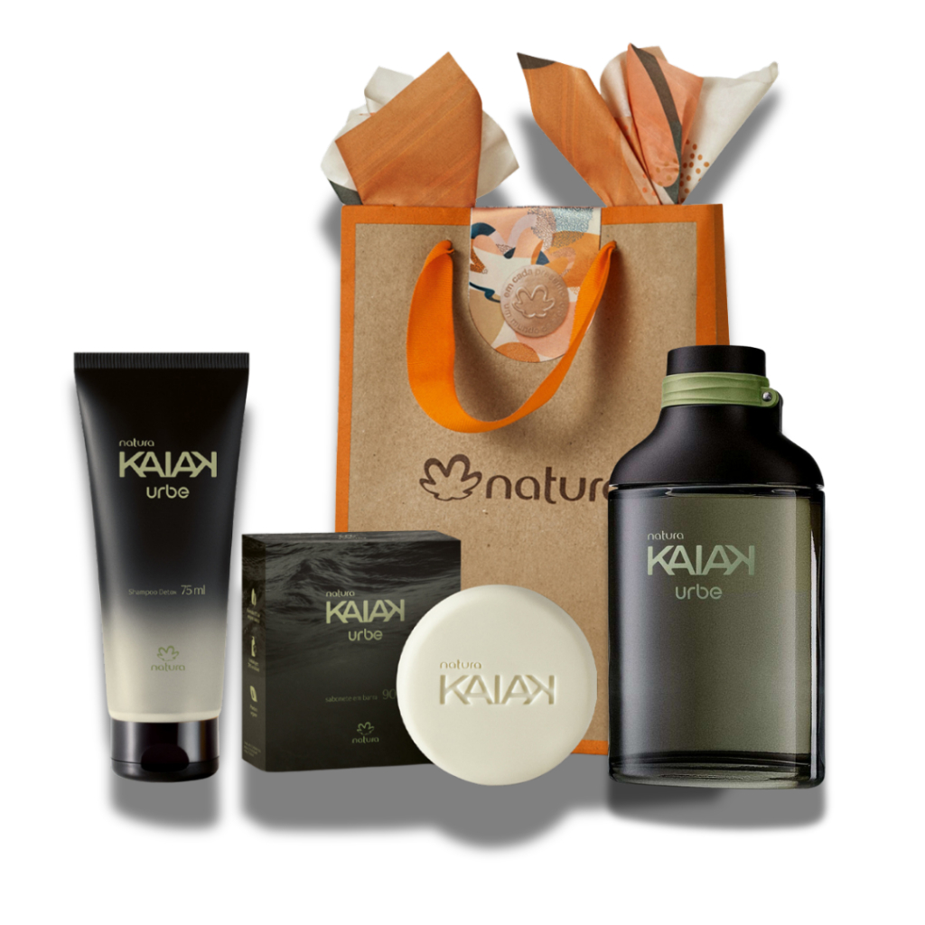 NATURA PRESENTE KAIAK Urbe Masculino Uber Masculino  1 Shampoo detox 75 ml.  1 Sabonete em barra Kaiak 100 ml 1 Sacola