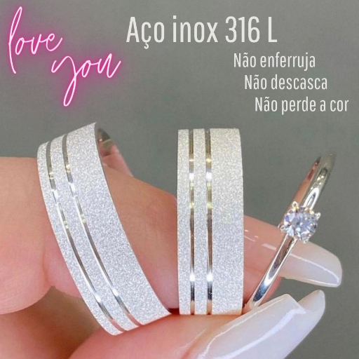 Par De Aliança Namoro Compromisso De Aço Inoxidável Prata Com Brilho Diamantado + Anel Solitário