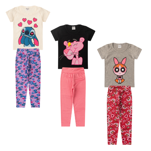 Kit 3 Conjuntos Estampados Blusa e Legging Juvenil - Feminino/Menina Tamanho 10 ao 16 Verão
