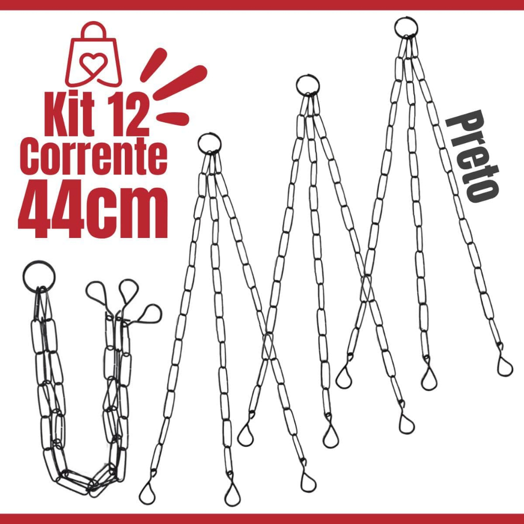 Kit 12 Suporte Haste Corrente De Metal Pendurar Vaso de Planta Pendente 44cm Preto Decorativo Resistente Para Samambaia