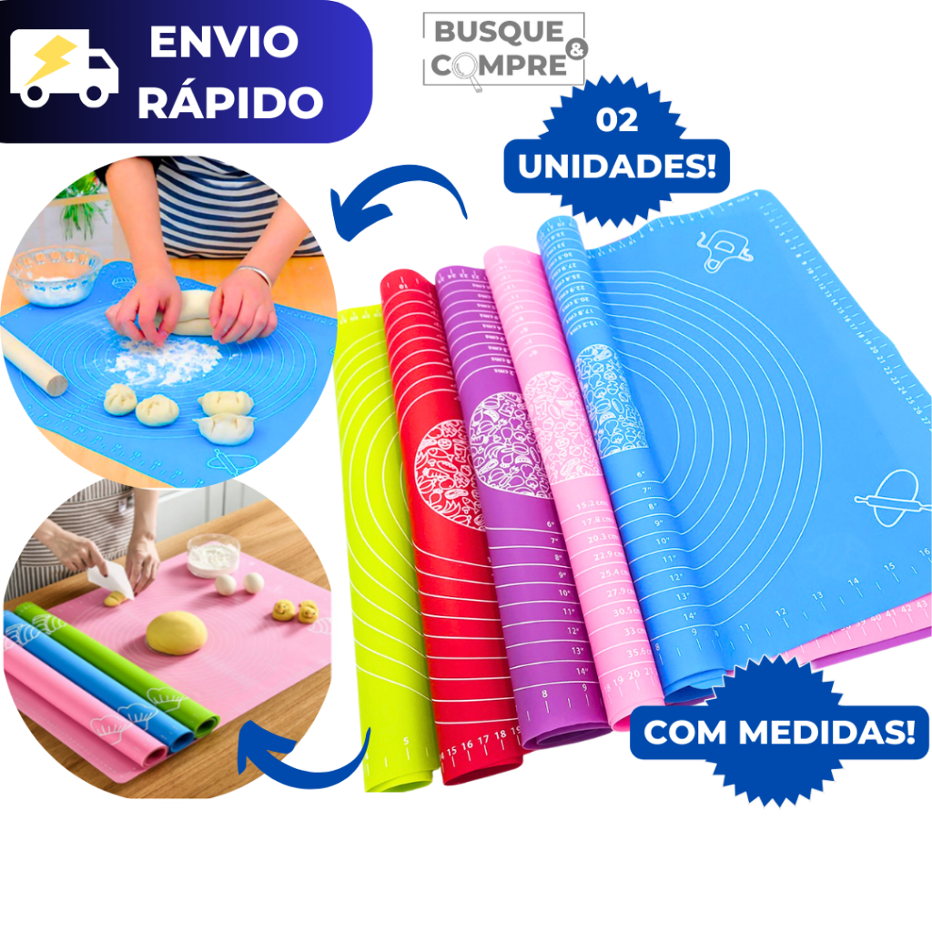 Kit 2 Tapete Culinário com Medida Manta de Silicone 40x50 Antiaderente para Forno Bolos Pães Massas