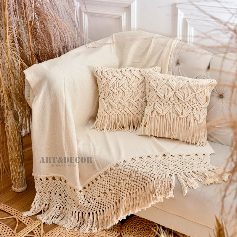 Manta para Sofá Xale Decorativa Macramê Cru Chique em Oferta na Shopee