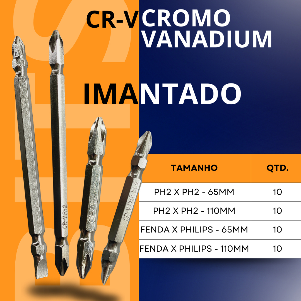 Jogo Bits 10 peças - 110mm, 65mm - Cromo Vanádio Fenda, Philips, PH2 - Parafusadeira - Imantada, imã