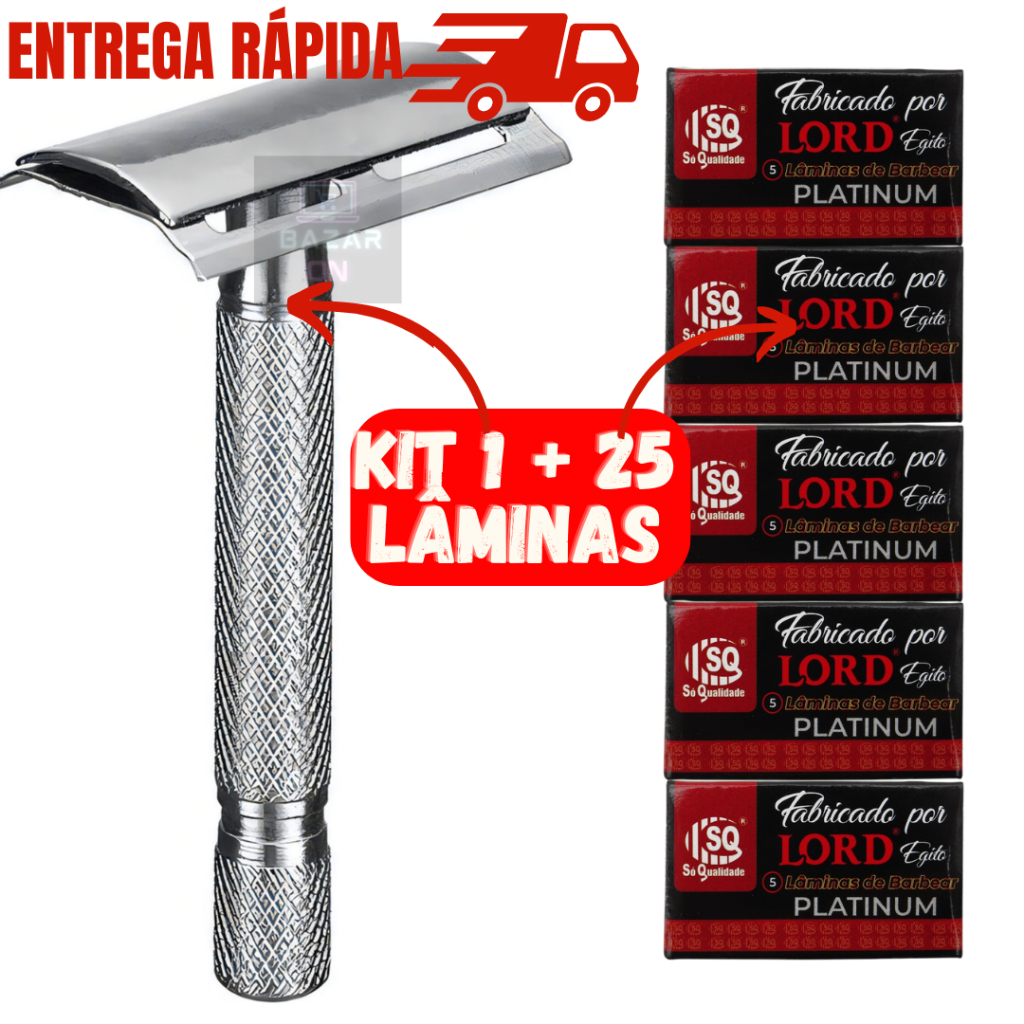 Kit Aparelho De Barbear Barbeador Metal Recarregável Com Lâmina Retrô + 25 Lâminas Lord Platinum