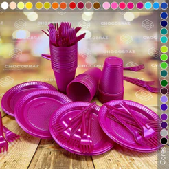 KIT FESTA DESCARTAVEIS 100 PESSOAS 300 ITENS 100 COPO + 100 PRATO + 100 GARFINHO 38 CORES OFF (CHOCO)