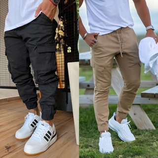 Calça Jogger Cargo Masculina Sarja E Jeans | Modelo Jogger com Bolsos | Elástico na Cintura e Barra | Moda Casual em Oferta na Shopee