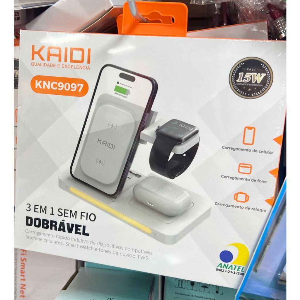 Carregador 3 Em 1 KAIDI  KNC-9097 Sem Fio Dock Station P/ Apple Watch Airpod iPhone Samsung - Carregador Por Indução