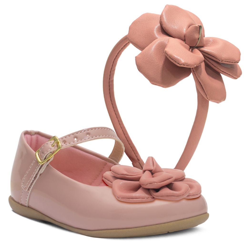 Kit Tiara E Sapatilha Feminina Sapato Rasteira Nº 18 ao 27 Infantil Mary Jane Moda Casual K01