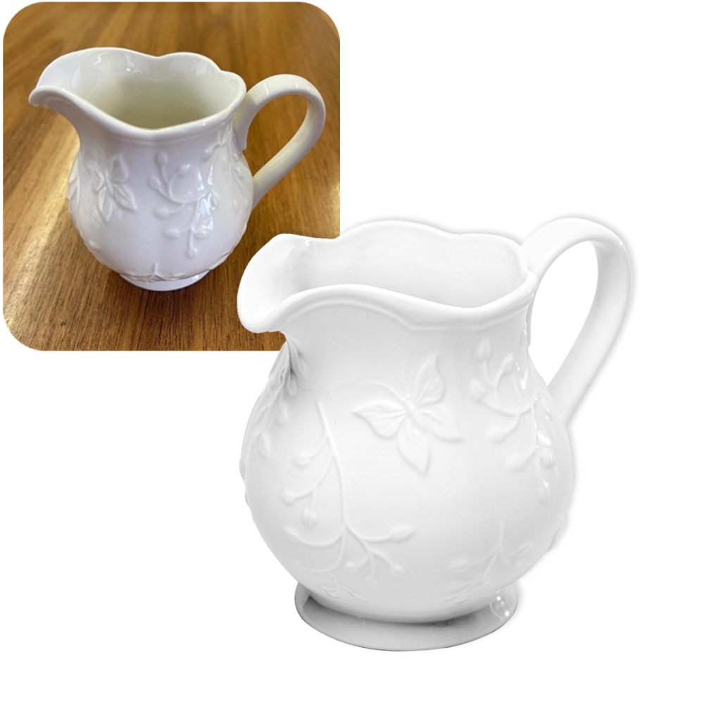 Jarra Leiteira De Porcelana Branca New Bone Butterfly Flower Borboletas Florido 250ml Lyor