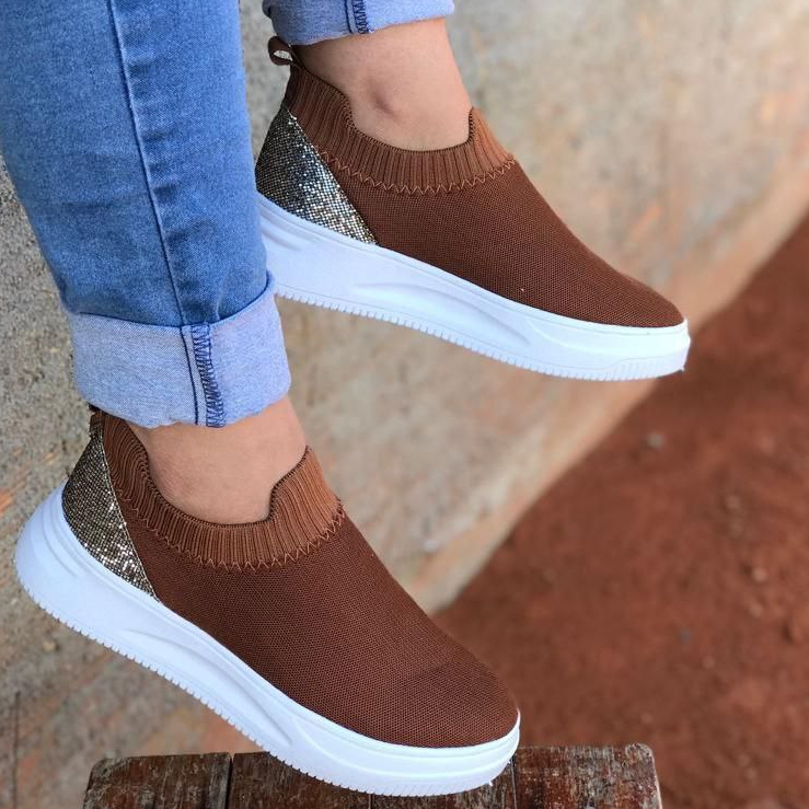 Tênis  Meia Feminino Casual sola baixa Com Brilho Promoção