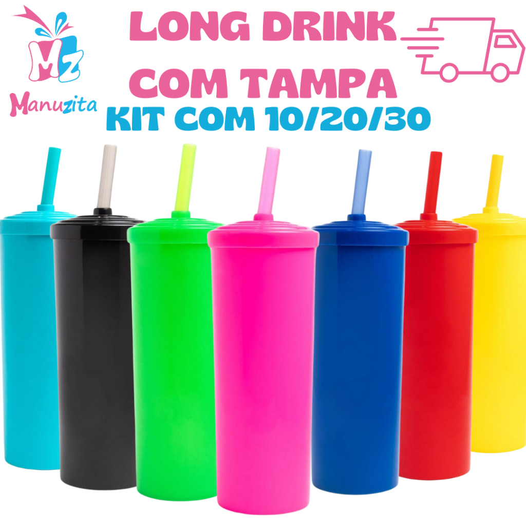 Kit com 10/20/30 Copos Ecológico  Long Drink com Tampa 300ML - Festa infantil- Decoração- Copo Infantil - Copo Grande com tampa