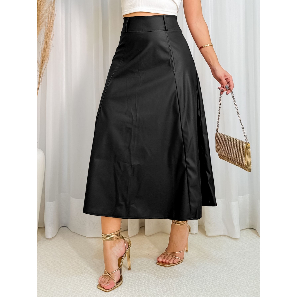 Emili3 Saia Couro Evaze Godê Feminino Couro Ecológico PU-S814