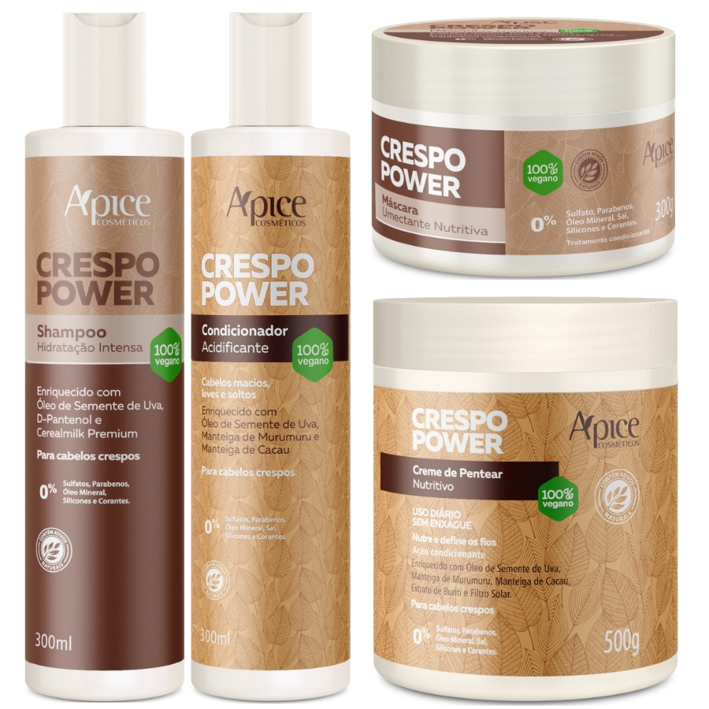 Kit Apse Crespo Power Shampoo + Condicionador + Mascara + Creme De Pentear Profissional Completo em Oferta na Shopee