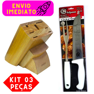 Kit 03 Peças 01 Cepo de Madeira e 01 Kit Churrasco 02 Peças Aço Inoxidável Alta Qualidade Churrasco
