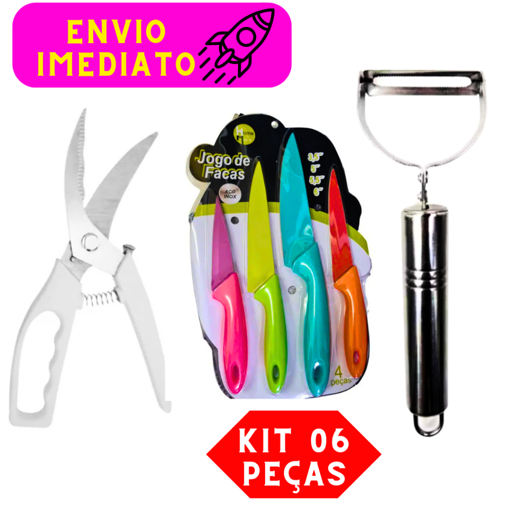 Kit 06 Peças 01 Jogo de Facas Com 04 Facas 01 Descascador e 01 Tesoura de Cortar Frango Aço Inox de